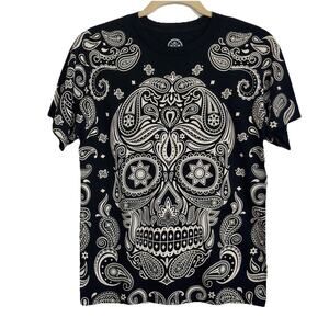 Black Goth Graphic T-Shirt L Los Muertos Sugar Skull Paisley Y2k ODM Tattoo Art